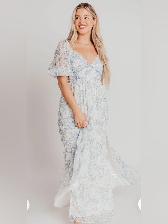 Worth Collective Dresses & Skirts - Daphne High Slit Eyelet Detail Maxi Dress in Blue and White Floral - XL